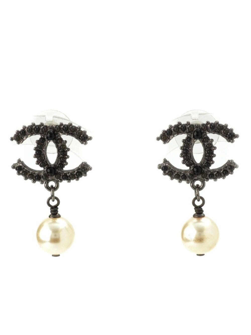 Chanel CC Logo Rhinestone Pearl Earrings Black